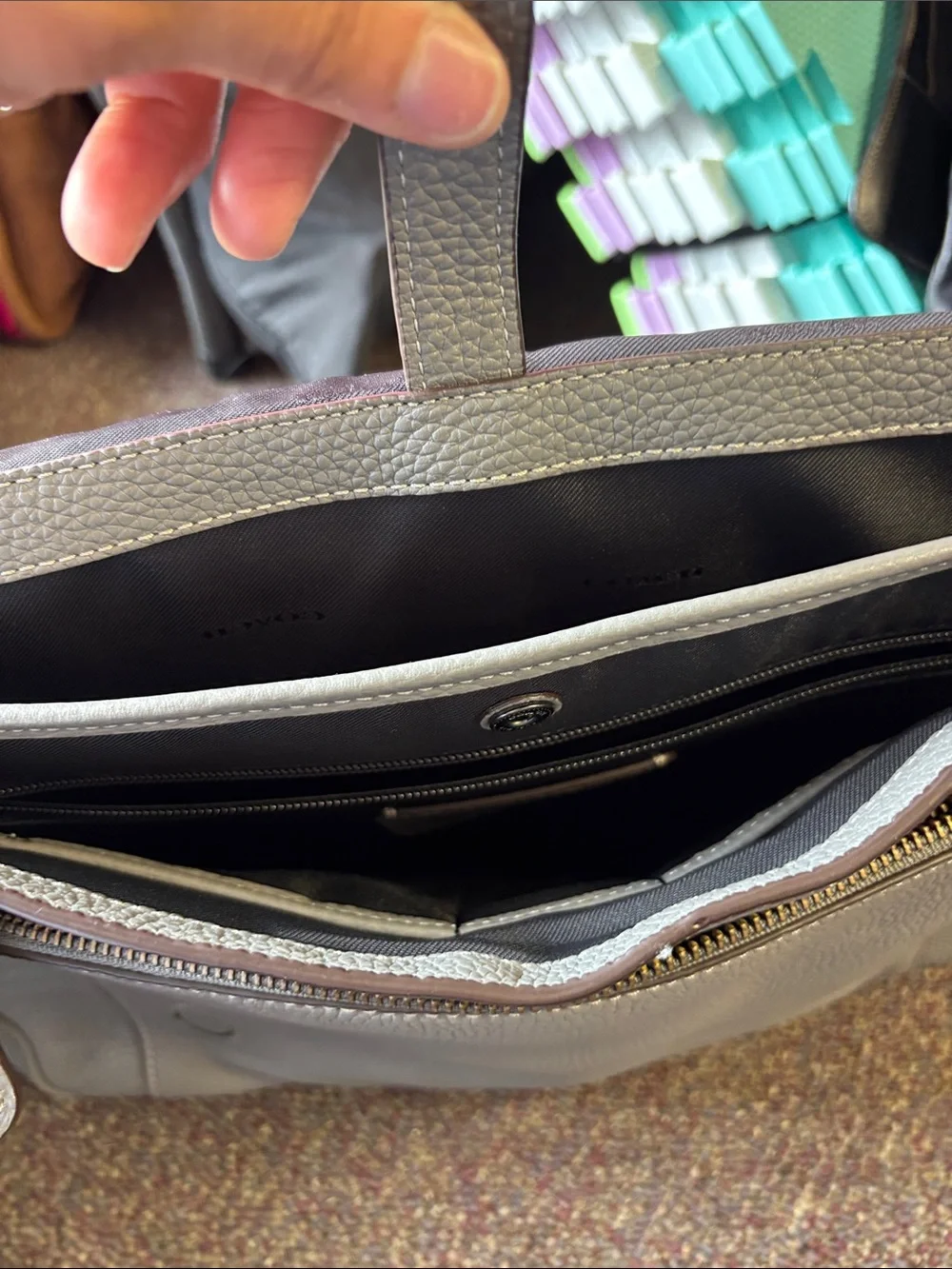 Coach Pebbled Leather Messenger Bag in Light Gray with Black Strap